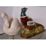 A Beswick pottery pheasant figurine No. 1226 - sold with a white glazed pottery swan figurine