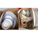 Five boxes containing assorted ceramic items including plates, jugs, mugs, etc.