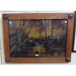 An early 20th Century large decorative oak framed chromolithograph, depicting an autumnal woodland