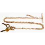 A marked 9/375 rose gold kerb-link watch chain with T-bar and ring clasp, also two pocket watch