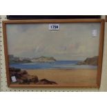 Louis Mortimer: a framed watercolour, depicting a Westcountry coastal scene with town beyond - 24.