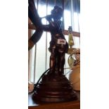 A modern cast resin and metal table lamp in the antique style depicting a child playing a flute with