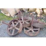 Six old cast iron chicken coop wheels