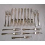 Nine silver dessert forks and seven silver dinner forks, all with matching initials to terminals -