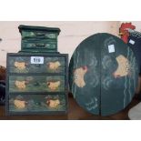 A miniature chest of drawers with painted chicken decoration - sold with a similarly painted