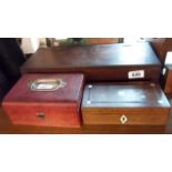 Three old boxes comprising leather clad jewellery box, small rosewood veneered similar and a