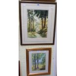Elizabeth Hodgson: two framed watercolours, both decpicting woodland views - signed with initials
