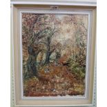 Shirley Tyler: a framed vintage oil on canvas, depicting dogs on a woodland track - signed