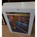 A selection of unframed mounted Prime Arts coloured prints including cityscapes, abstract landscapes