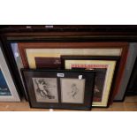 A selection of framed decorative prints and a framed batique picture