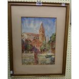 A gilt framed late 19th Century watercolour, depicting a gondola on a canal with church and