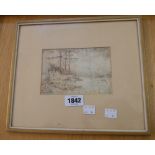 E. Moll: a small gilt framed watercolour, depicting a sailing vessel in a harbour - signed