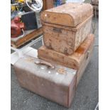 Two old tin trunks and an Overpond fibreboard suitcase