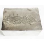 A 14cm Russian silver cigarette box with engraved Winter troika scene to hinged lid and gilt