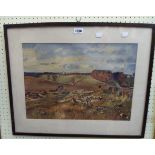 A framed coloured hunting print with man and hounds