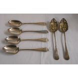 Two antique silver berry tablespoons - sold with a harlequin set of four silver tablespoons with
