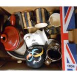 A box containing a quantity of assorted china including The Cobb Pottery Devon cups and saucers,