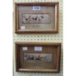 A pair of small gilt framed Stephengraph machine silk hunting pictures, The Meet and Full Cry