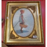 An ornate gilt framed varnished coloured print, depicting a young girl on a beach