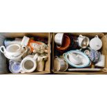Two boxes containing a quantity of assorted ceramic items including a pair of Staffordshire figures,