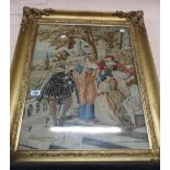 A Victorian embroidered panel in a gilt frame depicting Tudor figures in a landscape