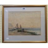 A gilt framed watercolour depicting a beach scene - a/f