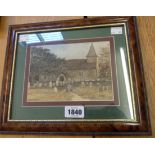 A framed watercolour, depicting a view of Wilmington church in Sussex - inscribed verso of image