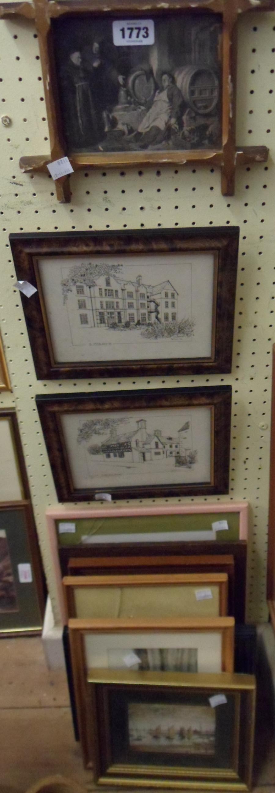 A selection of framed decorative prints including boats, figures, etc.