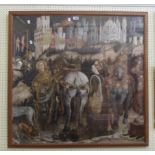 A large framed coloured print, depicting a Medieval scene with figures and horses before a castle
