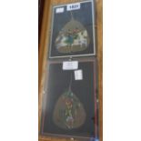 Two clip framed Indian leaf paintings, one depicting figures on horseback, the other perching birds