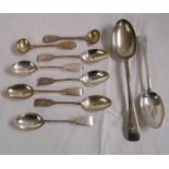 A small collection of assorted silver spoons including pair of mustards and fiddle pattern