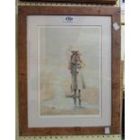 †E. Van Goethem: A framed coloured print, depicting a girl on a beach