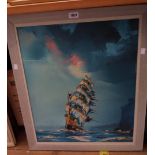 David D: a framed palette knife oil on board, depicting a three masted sailing vessel - signed and