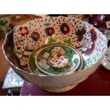 A 19th Century Gaudy Welsh large junket bowl, the interior depicting a stylised table with basket of