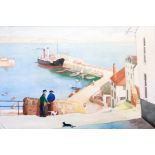 F. Thompson: a gilt framed watercolour, depicting a scene at Newlyn harbour with figures, cat and