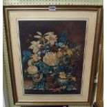 An old gilt framed watercolour still life with vase of flowers on a marble table, bird's nest and