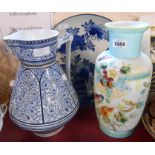 A Victorian blue and white toilet jug - sold with a large blue painted Japanese porcelain charger