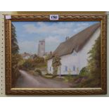 A gilt framed oil on board, depicting a rural village cottage and church