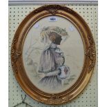 Christine Silver: a gilt framed oval watercolour silhouette of a lady - signed