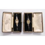 Two leather cased lady's vintage cocktail watches, one paste set, the other with marcasites