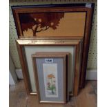 Four framed floral study prints - sold with an Italian Sorento ware marquetry panel