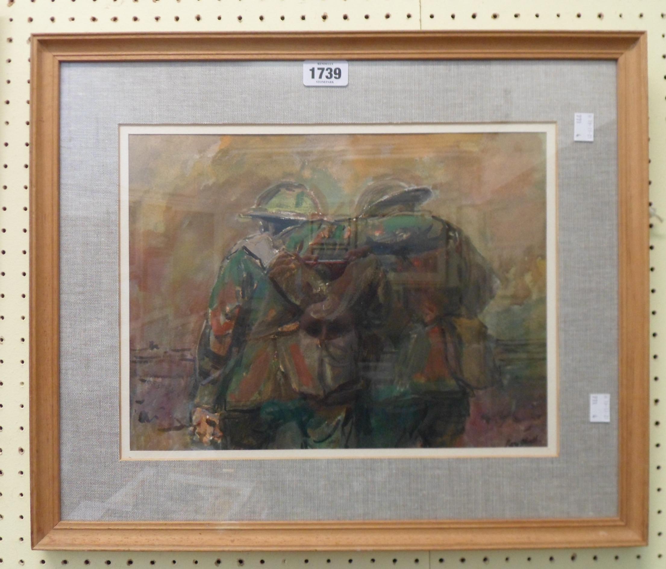 A framed watercolour, depicting brothers in arms - indistinctly signed Roy .....