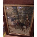 A late Victorian oak framed large coloured print, depicting cavalry horsemen in a winter woodland