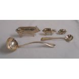 A small heavy cast 925 silver pig ornament, two others, Birks Sterling small ladle and English