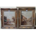 A pair of ornate gilt framed 20th Century oils on canvas, both depicting continental market scenes -