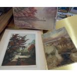 A folio containing three original watercolours and a signed coloured etching, all landscape
