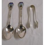 Two Baptist church silver spoons with enamelled tops initialed W.H.B.C. - Birmingham 1934 & 1940,