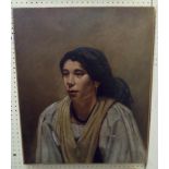 An unframed relined oil on canvas portrait of a continental lady - 61cm X 50cm - small scuff
