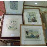 Five small framed cricket interest prints including two from Punch