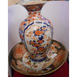 A 19th Century Japanese Imari dish with old rivet repairs - sold with a similar vase a/f